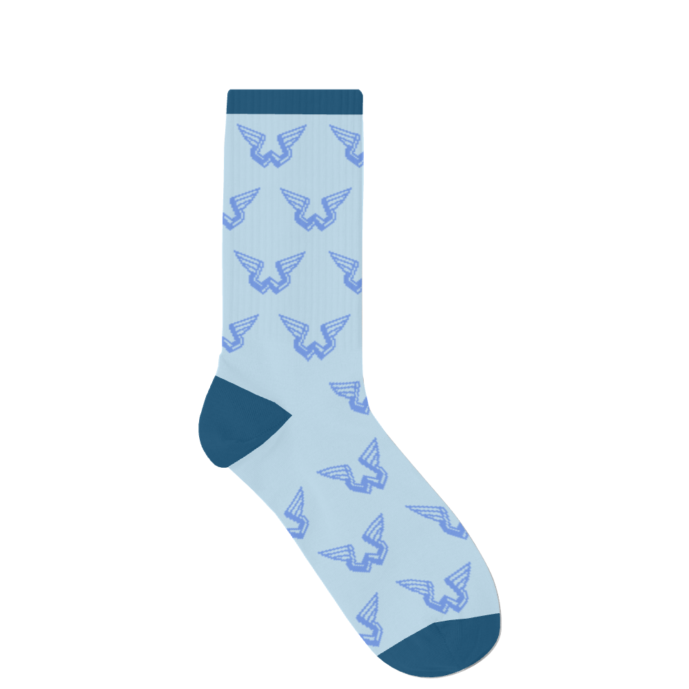 Light blue custom sock render featuring a repeated Wings logo pattern