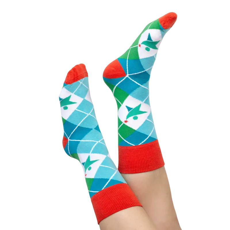 Colorful custom crew socks being worn